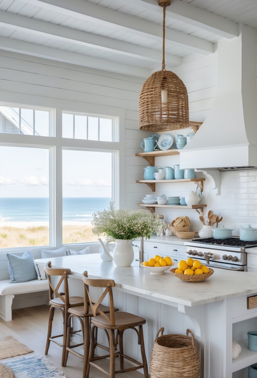 A bright kitchen with white walls, wooden dining table, kitchen island, open shelves with dishes, large windows showing ocean view, and coastal decor.