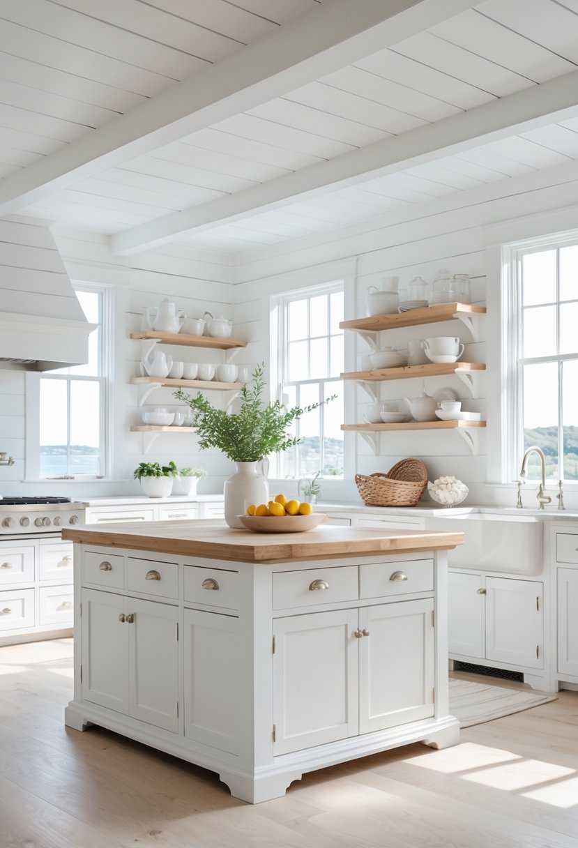 A bright kitchen with white walls, wooden island, white cabinets, and large windows letting in natural light.