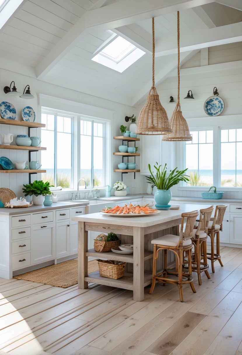 A bright kitchen with natural wood floors, white cabinets, a wooden island, and large windows letting in sunlight.