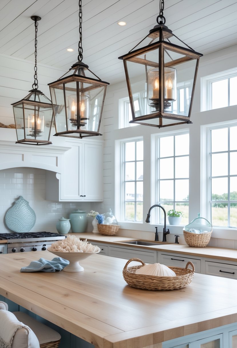 A bright kitchen with lantern pendant lights hanging over a large island, white cabinets, and natural wood countertops.