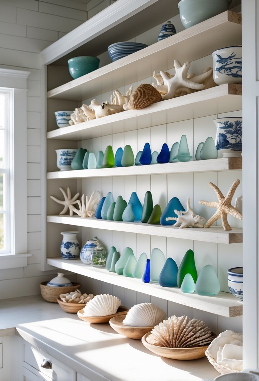 Open wooden shelves in a kitchen displaying sea glass and coastal decor items.