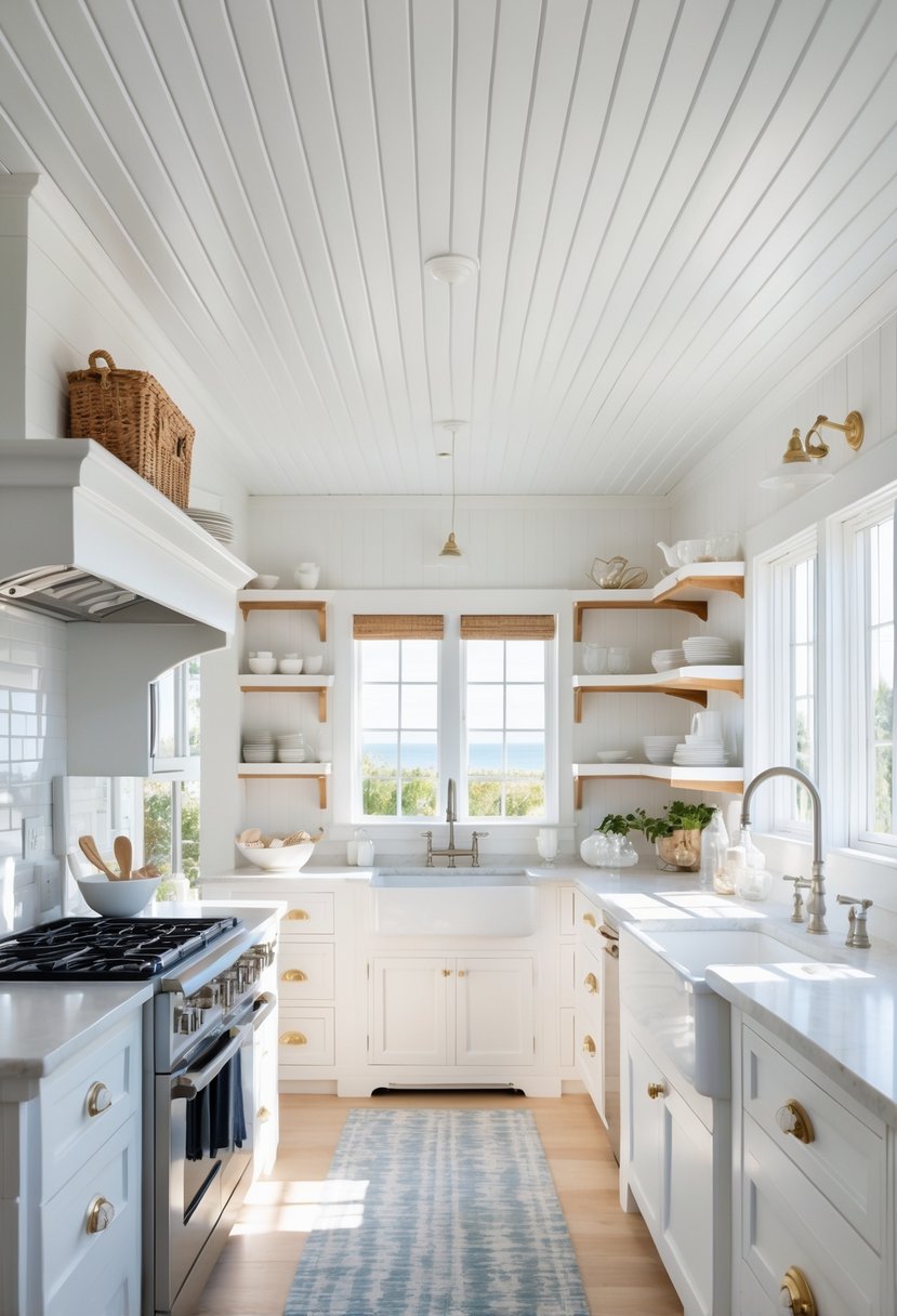 A bright kitchen with beaded board paneling on the ceiling and walls, wooden cabinets, and coastal decor.