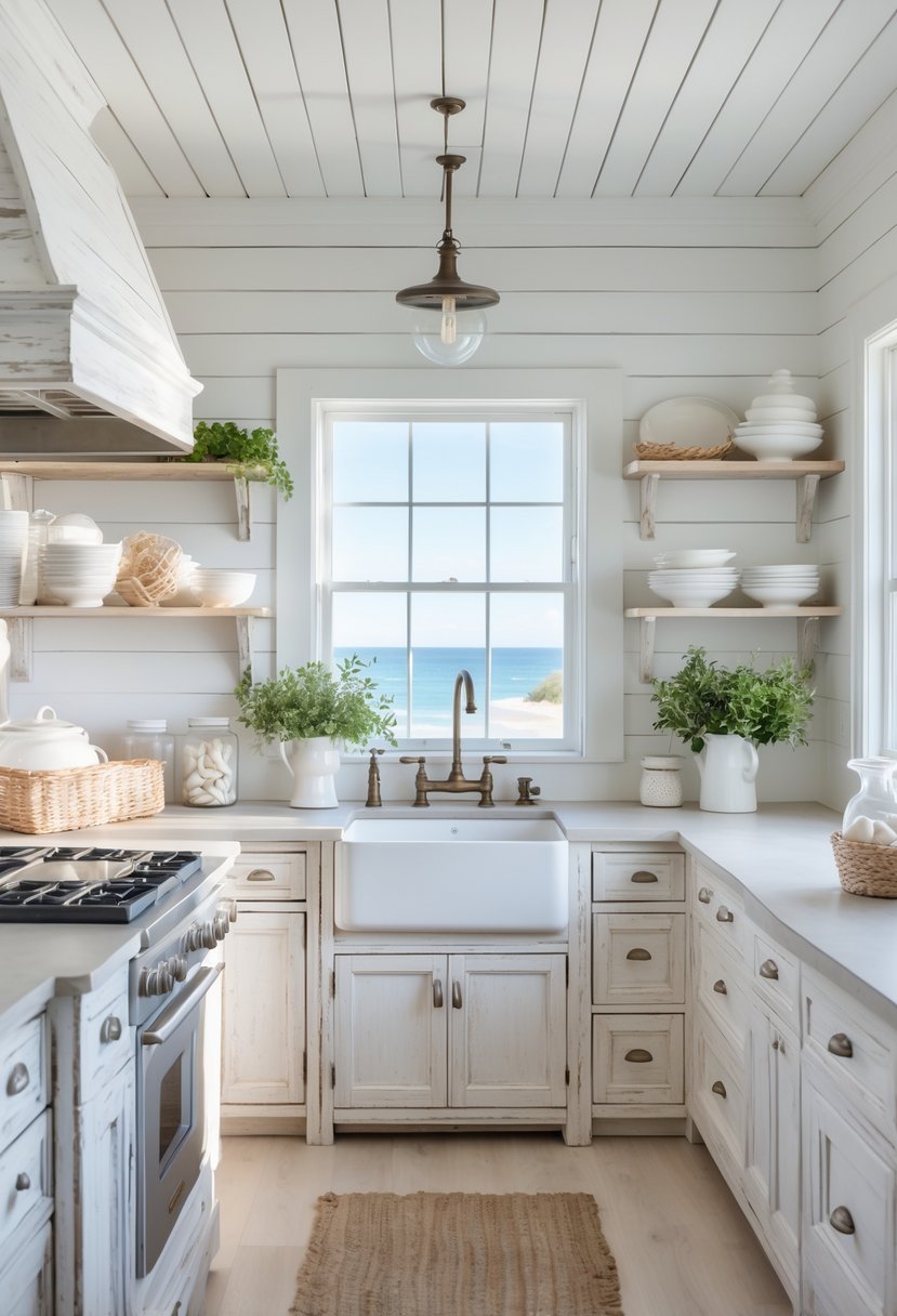 A bright kitchen with weathered white cabinets, a farmhouse sink, and coastal decor near a window with a seaside view.