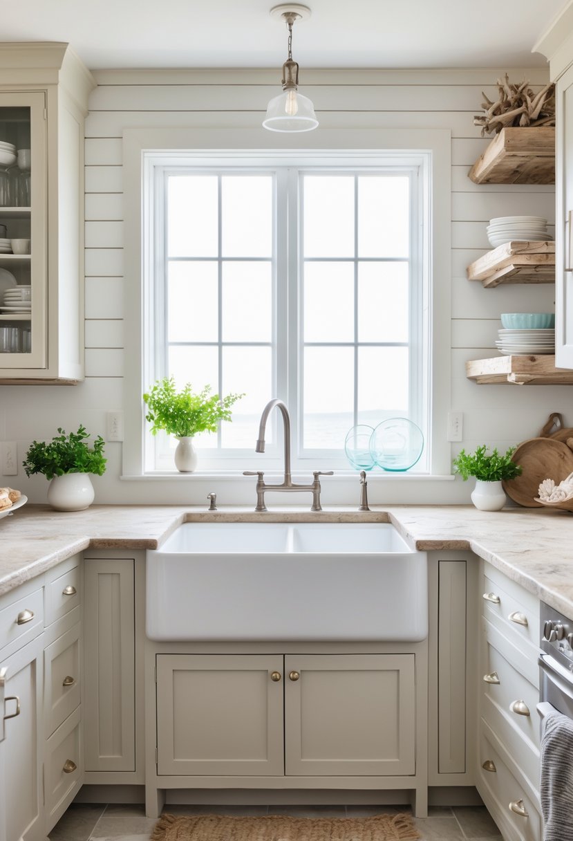 A kitchen with a large white apron front sink beneath a window, surrounded by light wood cabinets and natural stone countertops.