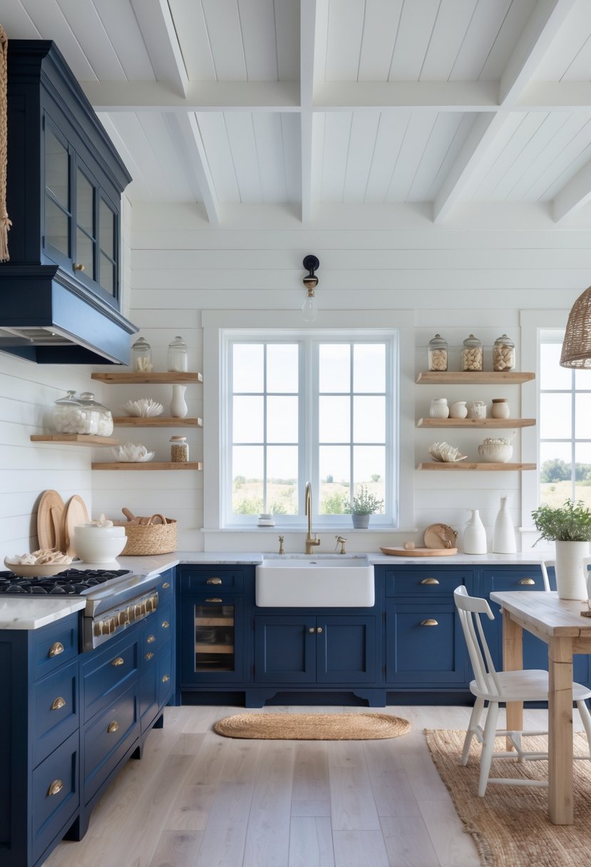 A bright kitchen with navy blue cabinets, white walls, wooden floors, and a farmhouse sink under a window.