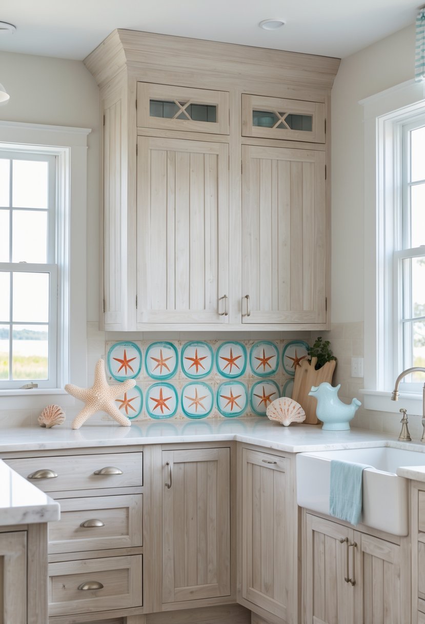 A coastal farmhouse kitchen with wooden cabinets and a hand-painted starfish tile backsplash.