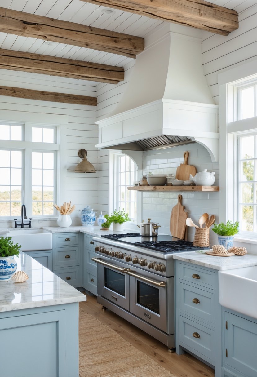A coastal farmhouse kitchen with a large six-burner stove, white walls, blue cabinets, wooden beams, and natural light.