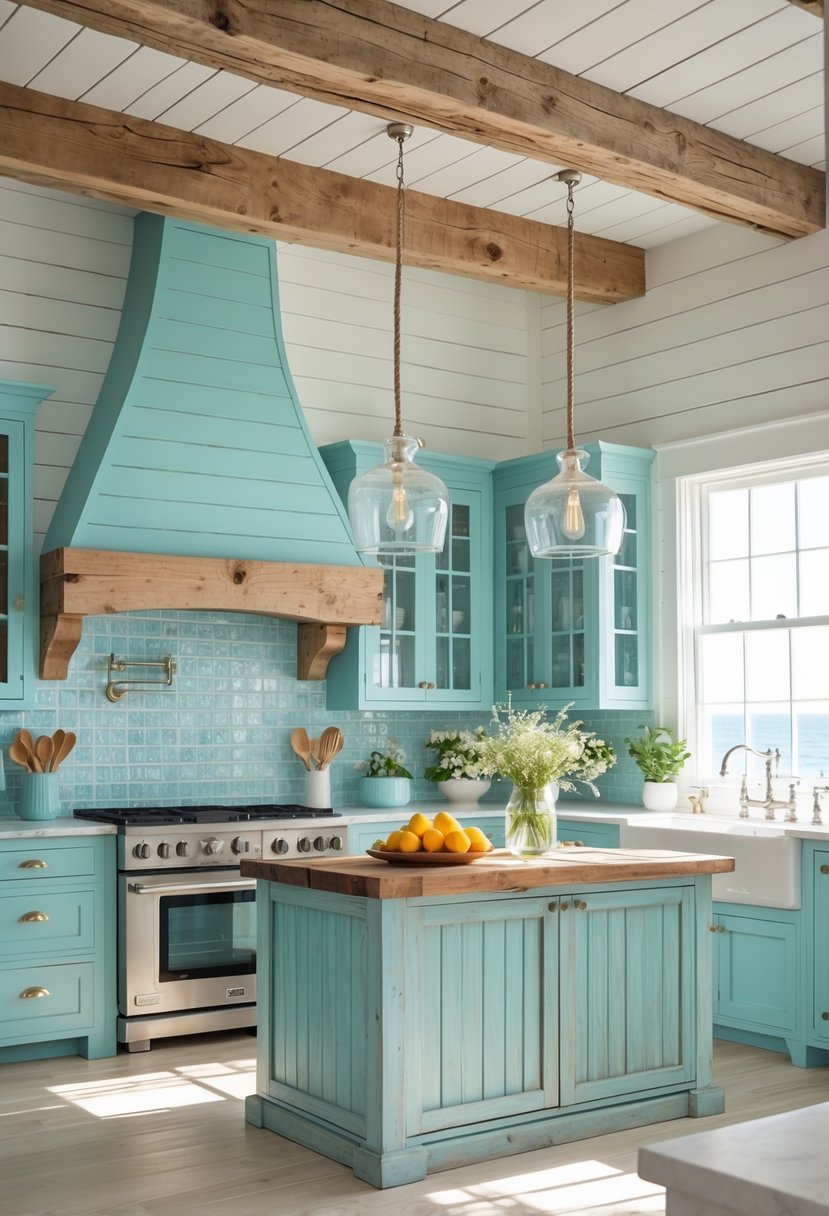 A bright kitchen with wooden beams, blue cabinets, large windows, and a wooden island.