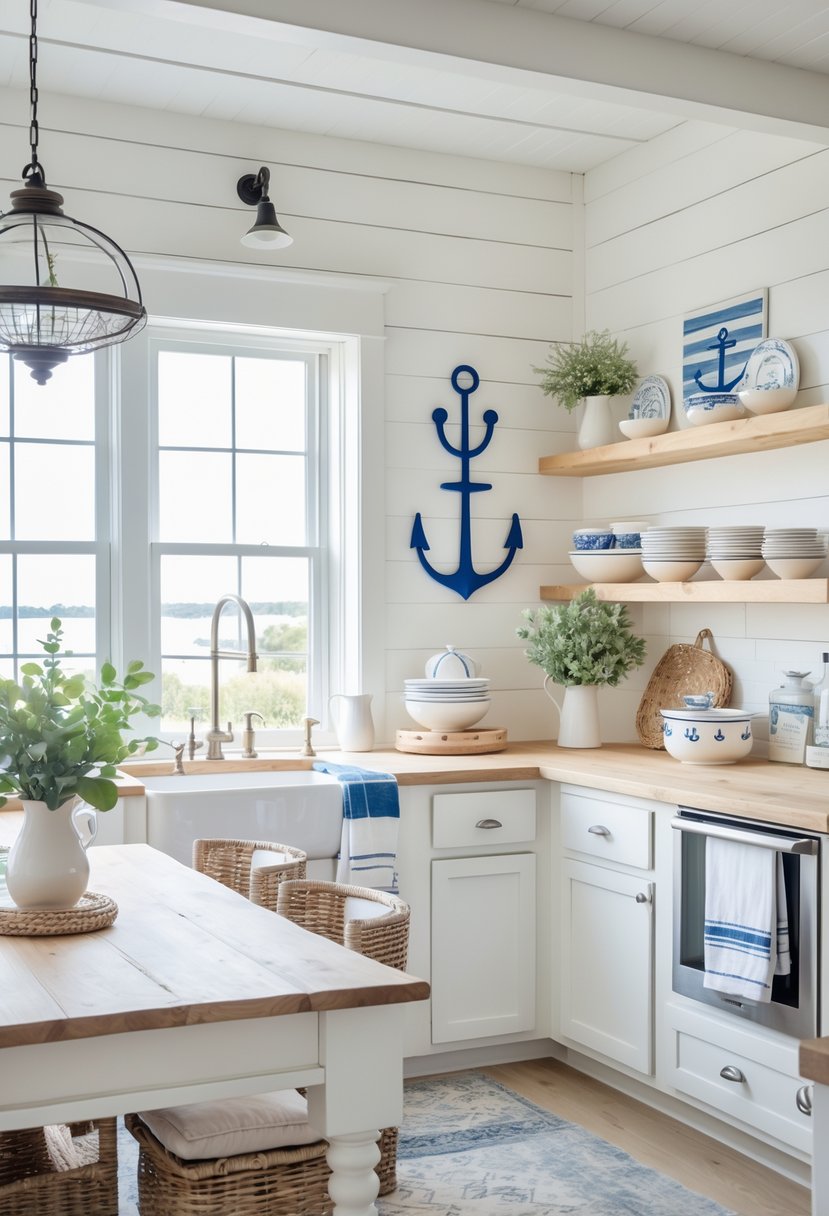 A bright kitchen with white walls, wooden countertops, and anchor-themed decorations.