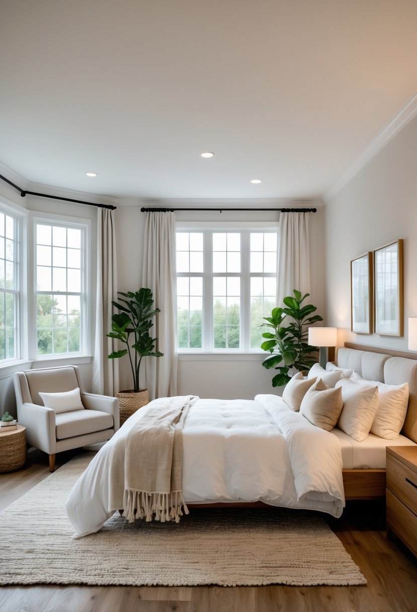 A bright bedroom with a large bed, wooden nightstands, an armchair, and plants near large windows letting in natural light.
