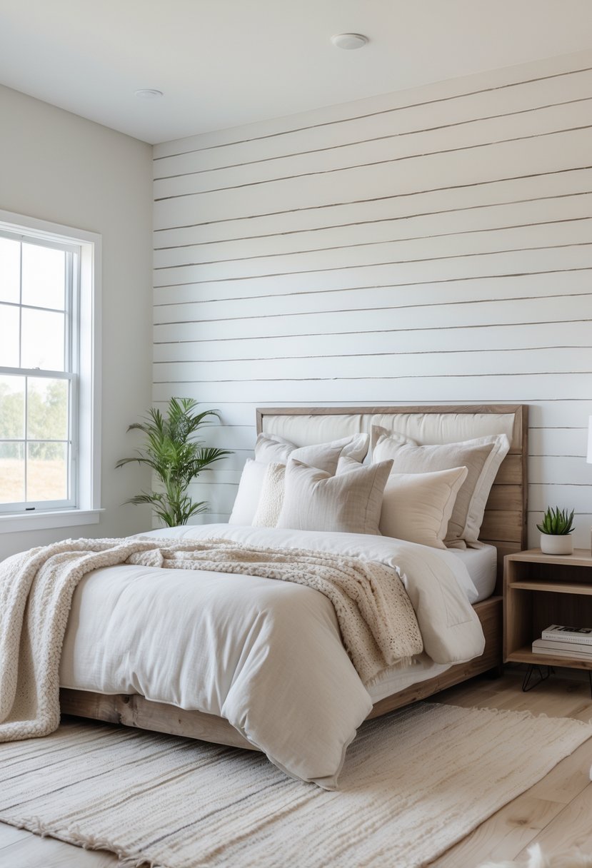 A bright bedroom with white shiplap walls, a neatly made bed, wooden nightstand, and natural light coming through large windows.