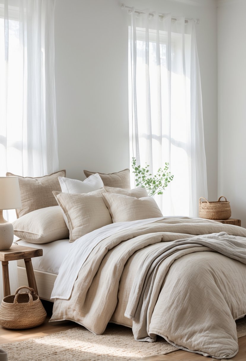 A neatly made bed with layered linen bedding in neutral colors inside a bright bedroom with natural light and simple decor.
