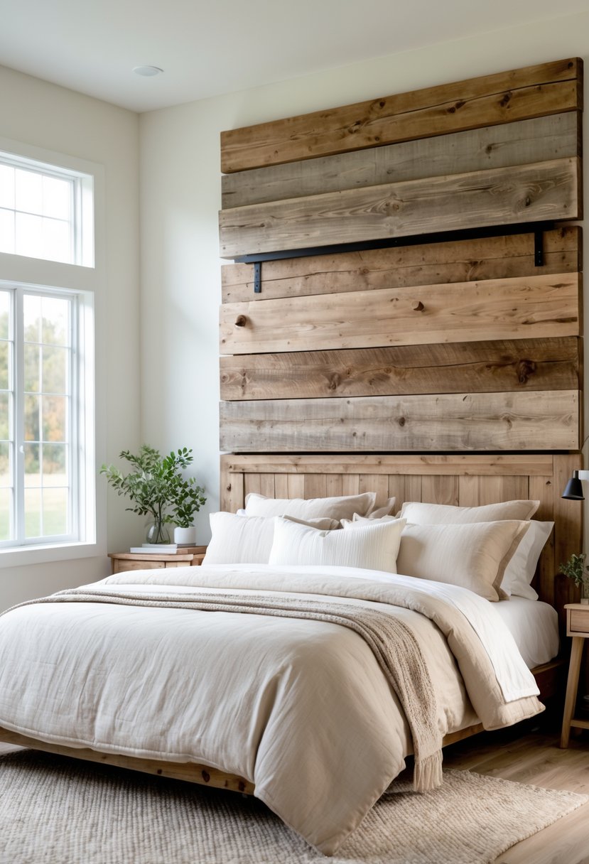 A bedroom with a large wooden headboard, a neatly made bed, and natural light coming through the windows.
