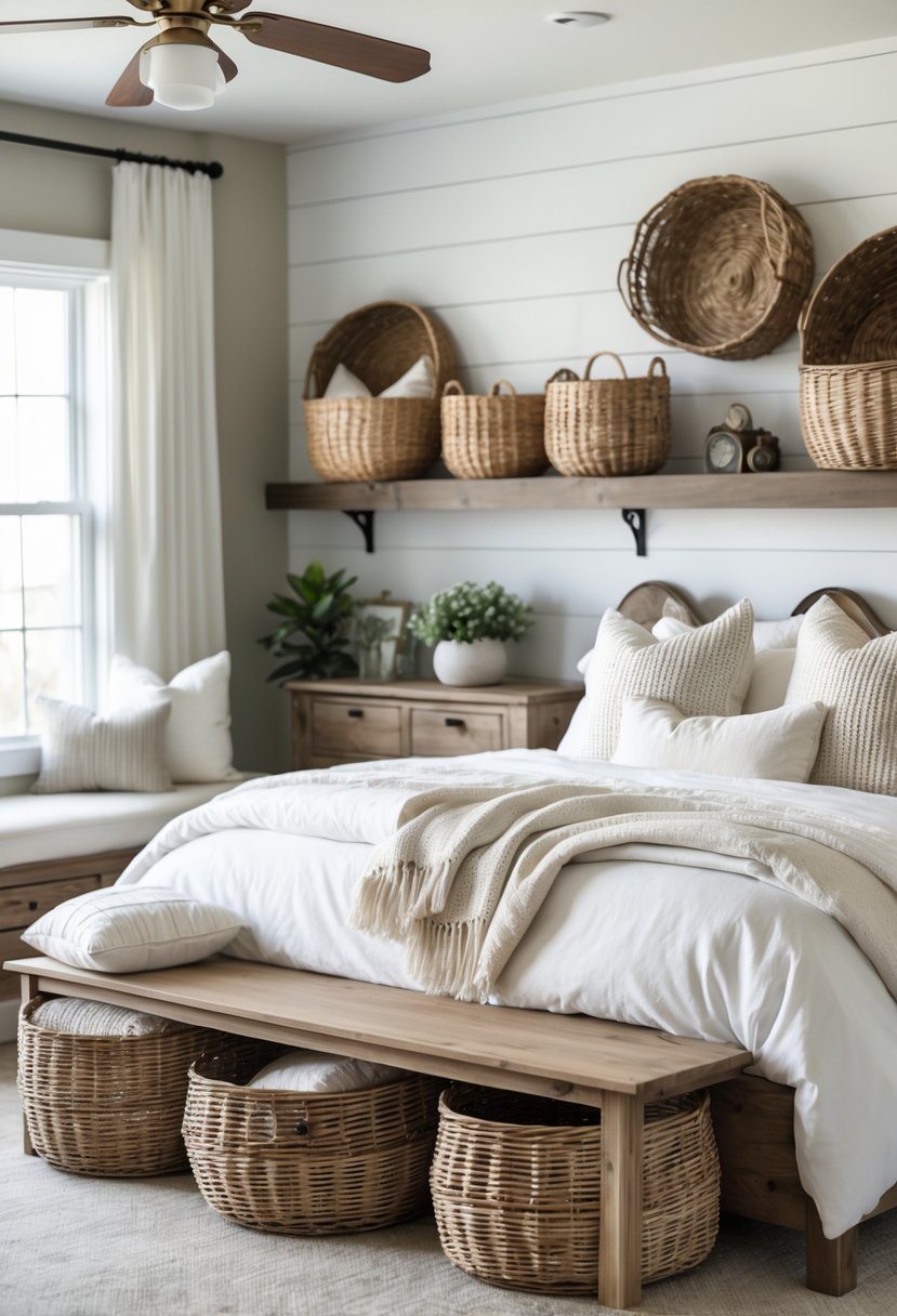 A bedroom with woven wicker baskets used for storage placed on shelves and under a bench, with a neatly made bed and wooden furniture.