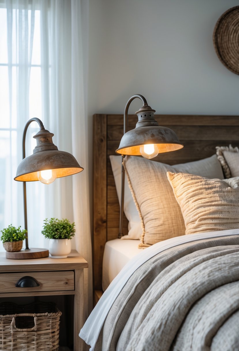 A bedroom with a bed, two metal bedside lamps on wooden nightstands, and soft natural light coming through a window.