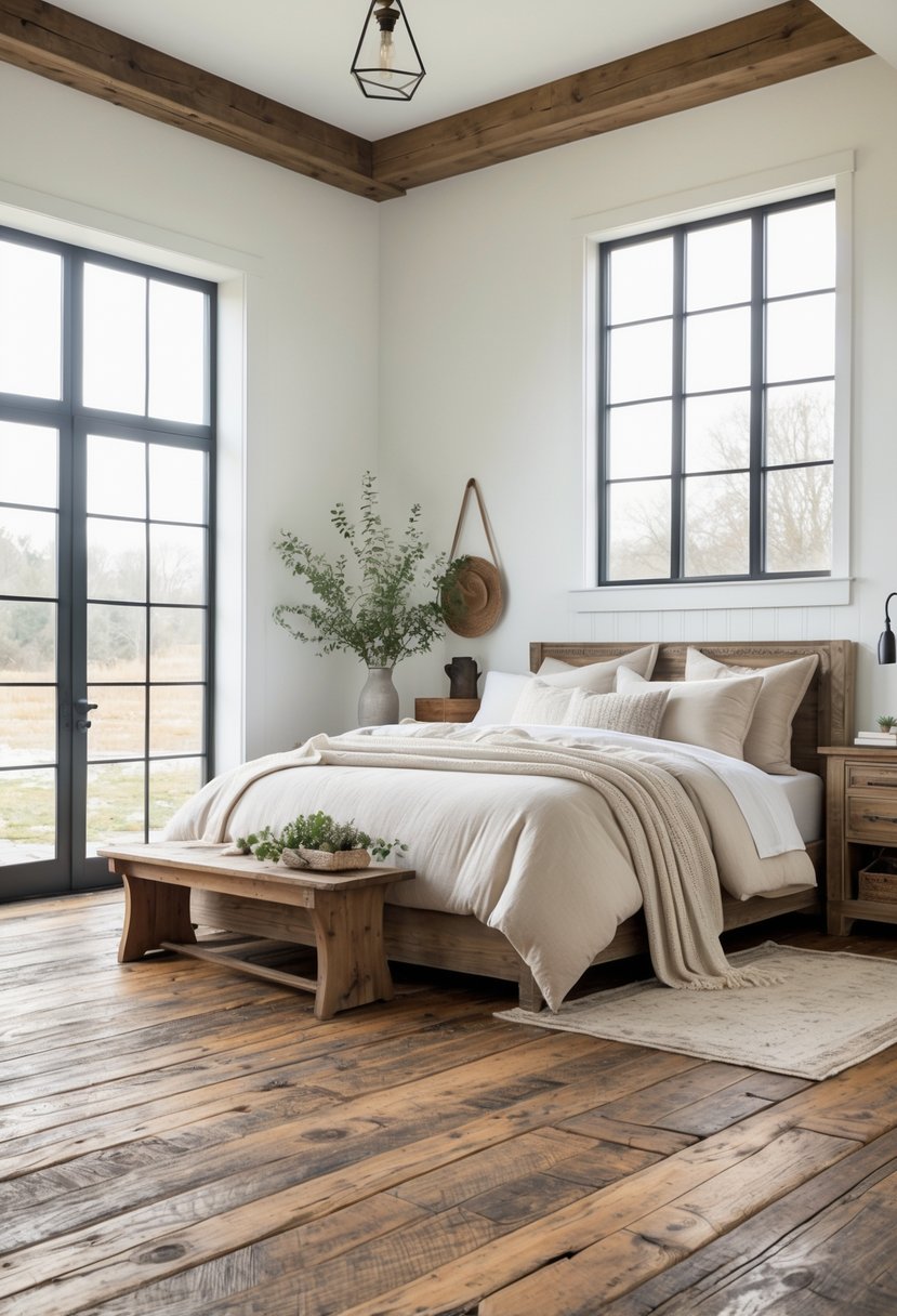 A bright bedroom with distressed hardwood floors, a bed, wooden furniture, and natural light coming through windows.