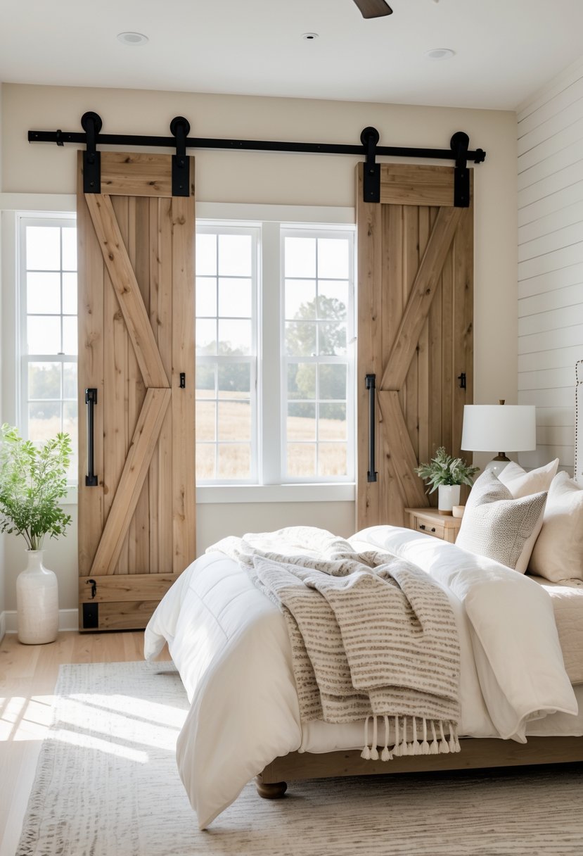 A bright bedroom with a wooden sliding barn door, a neatly made bed, and natural light coming through large windows.