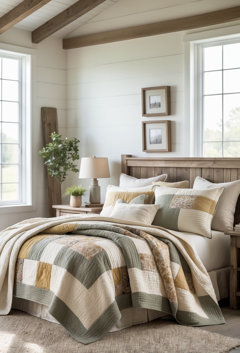 A bedroom with a bed covered in soft patchwork quilts and rustic wooden furniture.