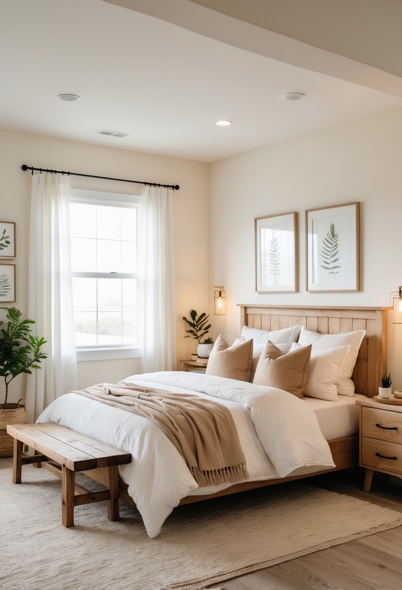A bedroom with a large bed, wooden furniture, soft warm lighting, and natural light coming through a window with sheer curtains.