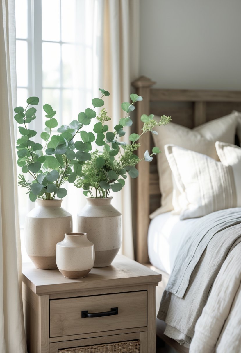 A bedroom with ceramic vases holding fresh green plants on a wooden surface next to a neatly made bed.