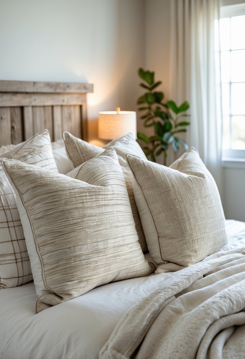 A bed with multiple textured throw pillows and soft natural light in a bedroom.