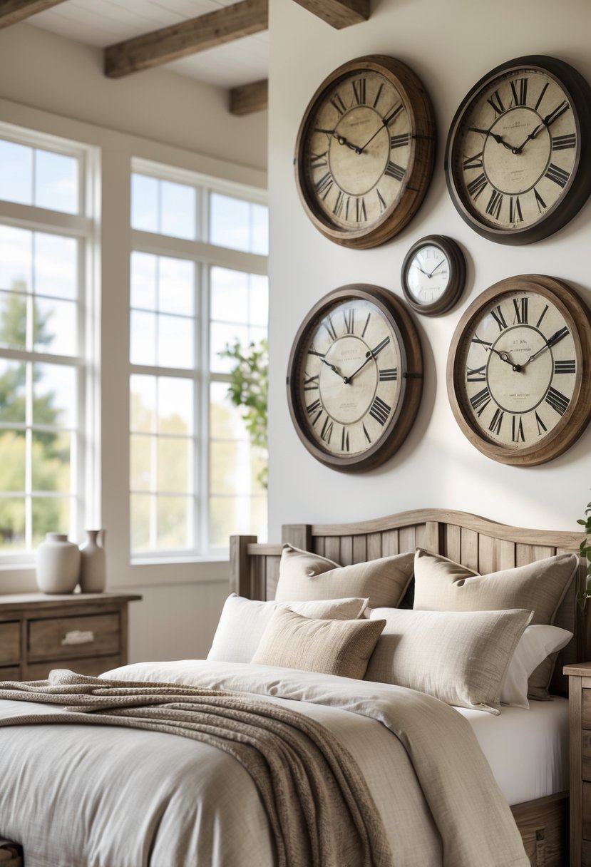A bedroom with a bed, wooden furniture, and antique-style wall clocks hanging on the wall above the bed.