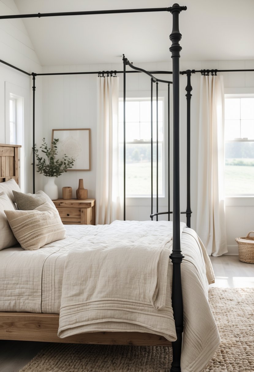 A bedroom with a bed, black iron curtain rods on the windows, wooden furniture, and natural light coming through the windows.