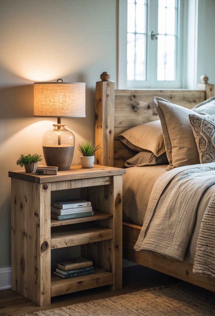 A bedroom with two wooden nightstands with open shelves next to a bed, each holding a lamp and decorative items.