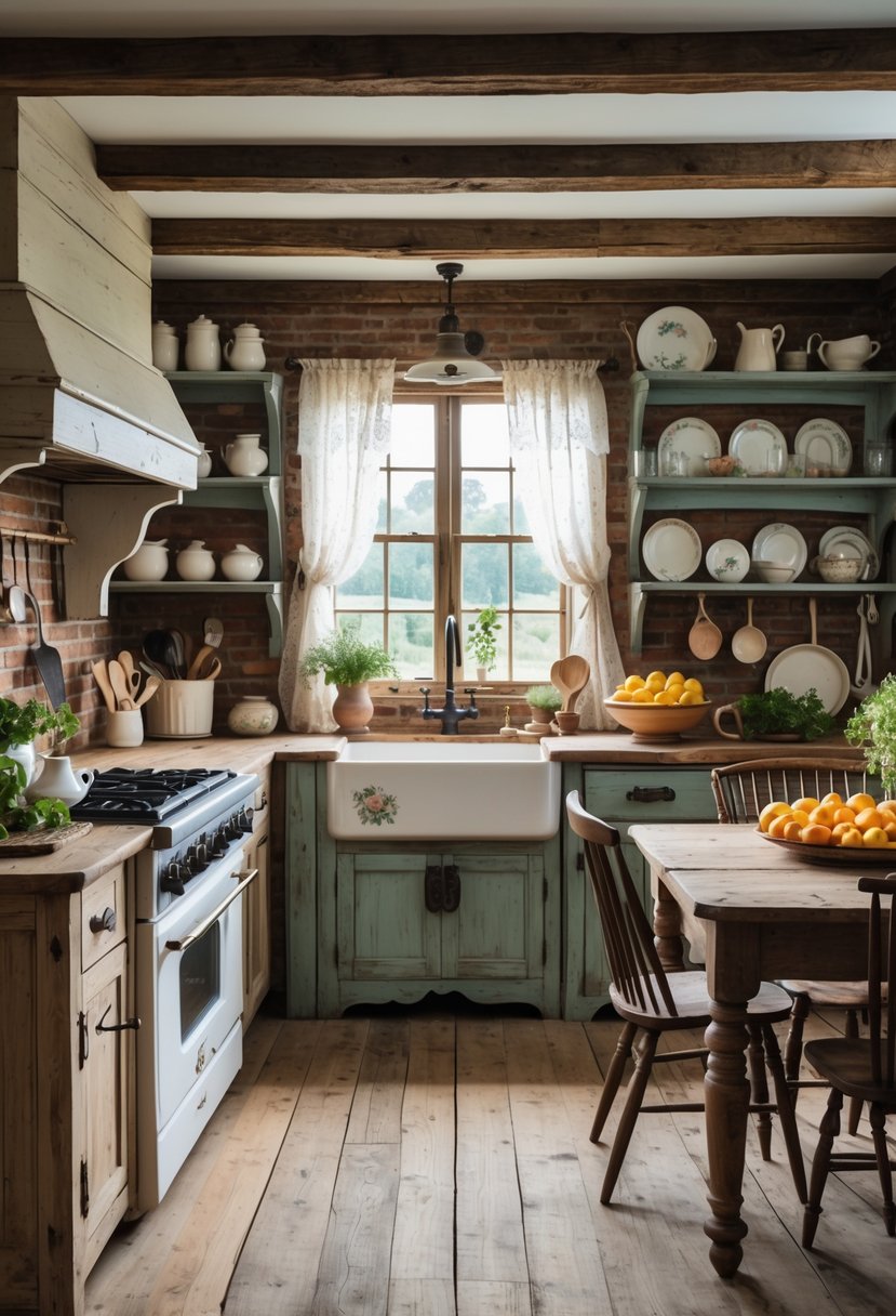 A rustic kitchen with wooden cabinets, a farmhouse sink, a wooden dining table, and natural light coming through a window.