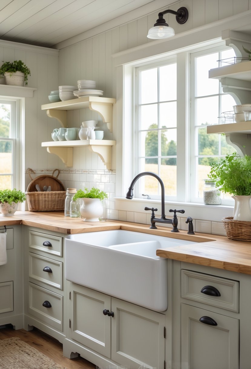 A bright farmhouse kitchen with a large white apron-front sink, wooden cabinets, and natural light coming through a window.