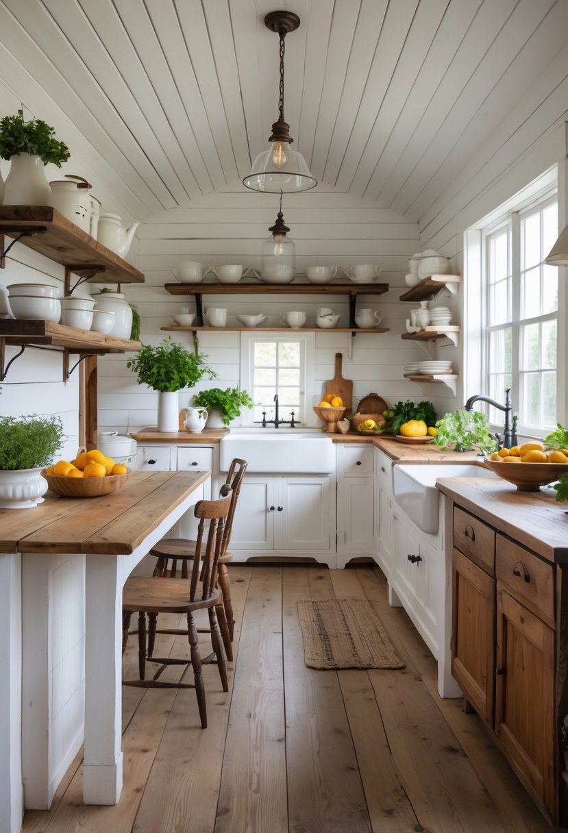 A bright kitchen with white shiplap walls, wooden cabinets, a farmhouse sink, and a wooden dining table with chairs.