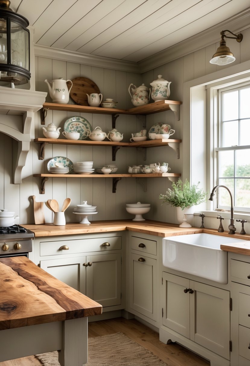 A vintage farmhouse kitchen with wooden butcher block countertops, rustic cabinets, and natural light coming through a window.
