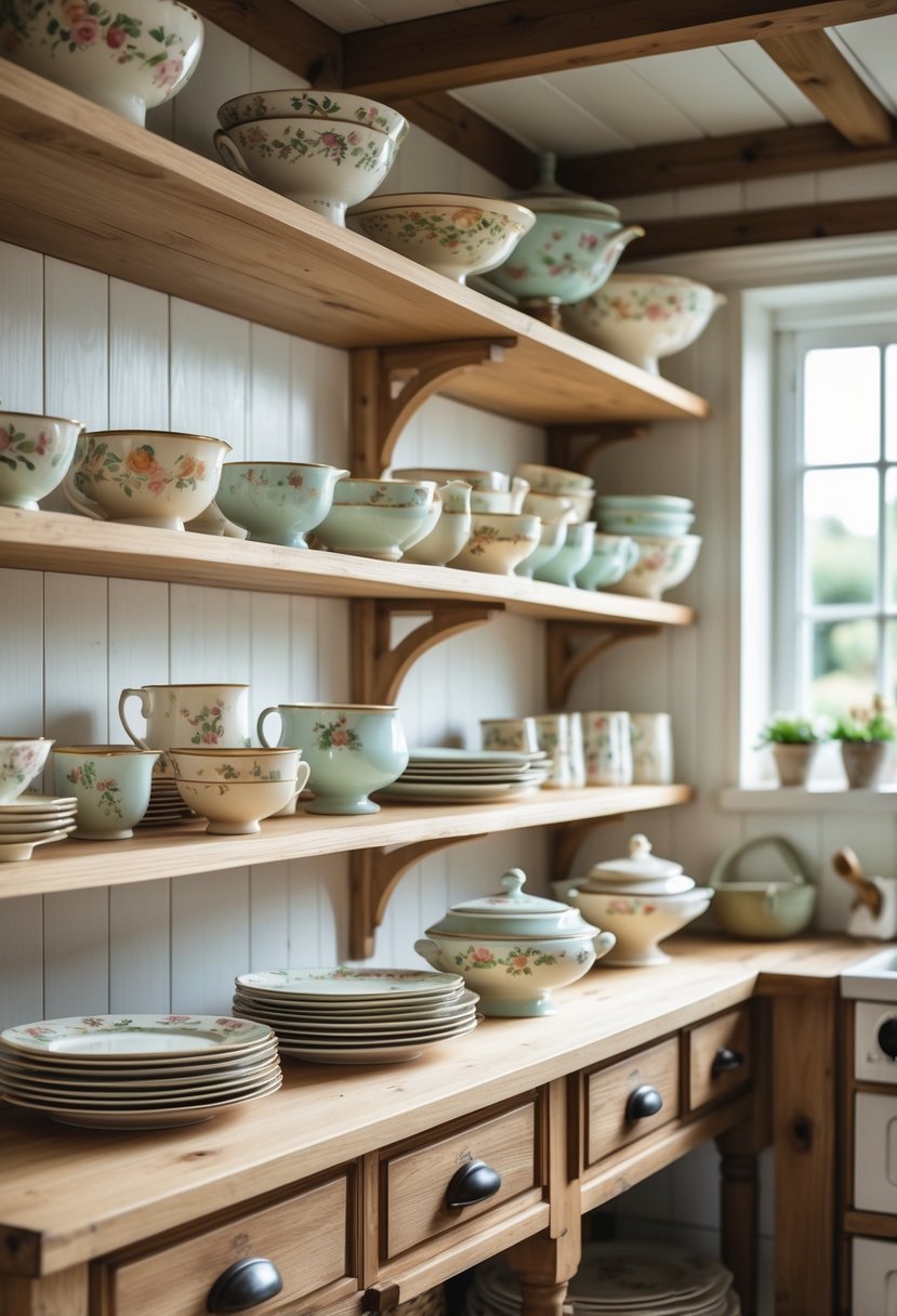 Open wooden shelves in a kitchen displaying vintage ceramic dishes and bowls.