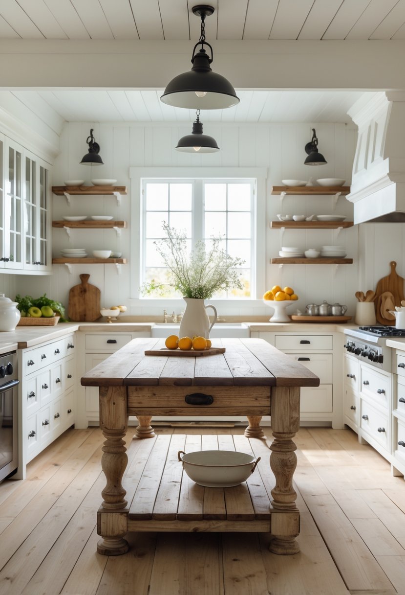 A bright kitchen with a large wooden table island in the center surrounded by white cabinets and wooden floors.