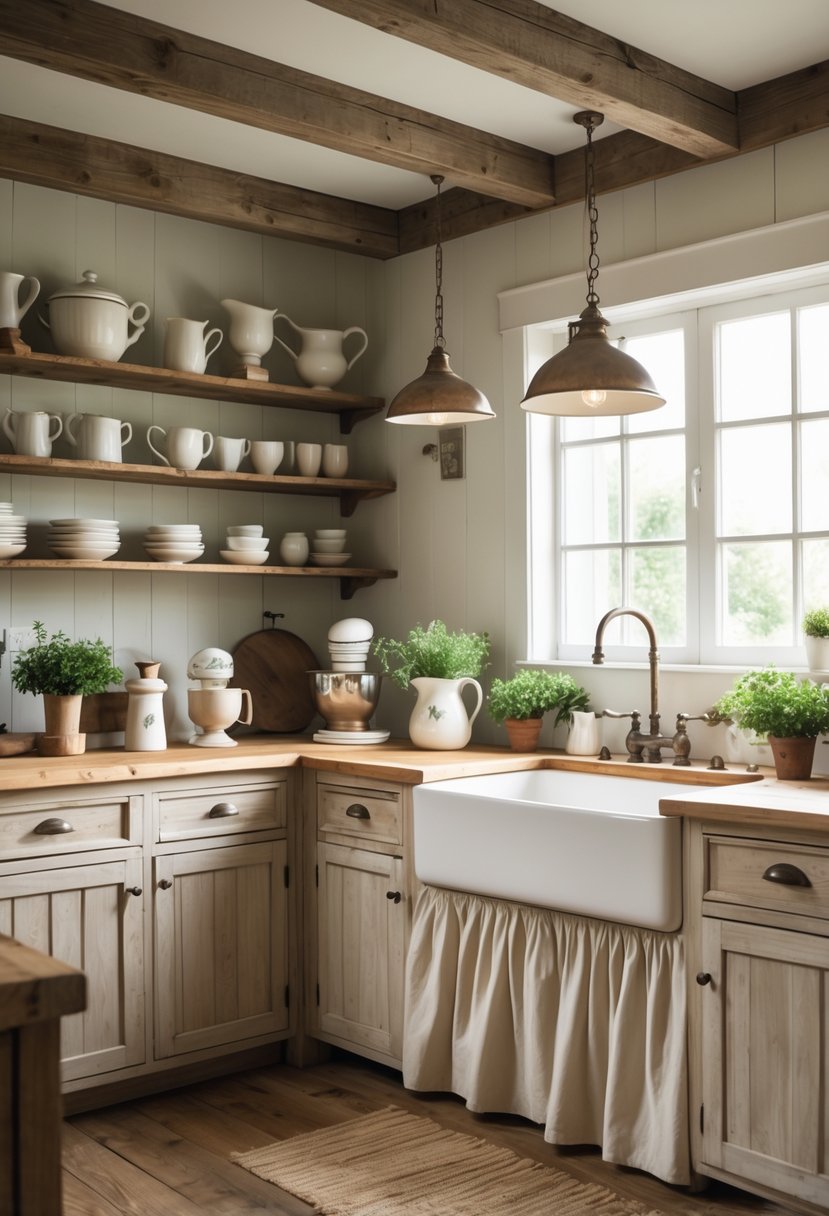 A vintage farmhouse kitchen with skirted lower cabinets, wooden countertops, open shelves, and a farmhouse sink illuminated by natural light.
