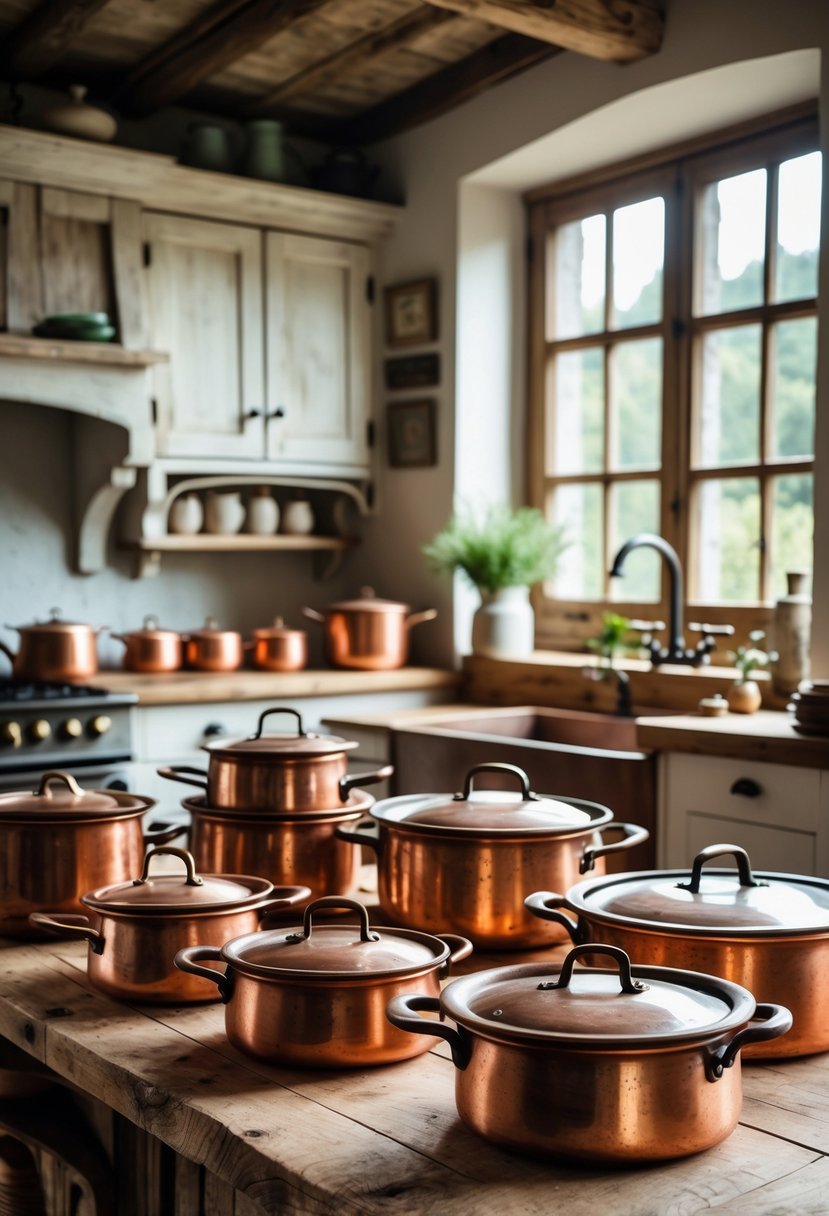 Antique copper pots and pans arranged on a wooden countertop in a vintage farmhouse kitchen with white cabinets and natural light.