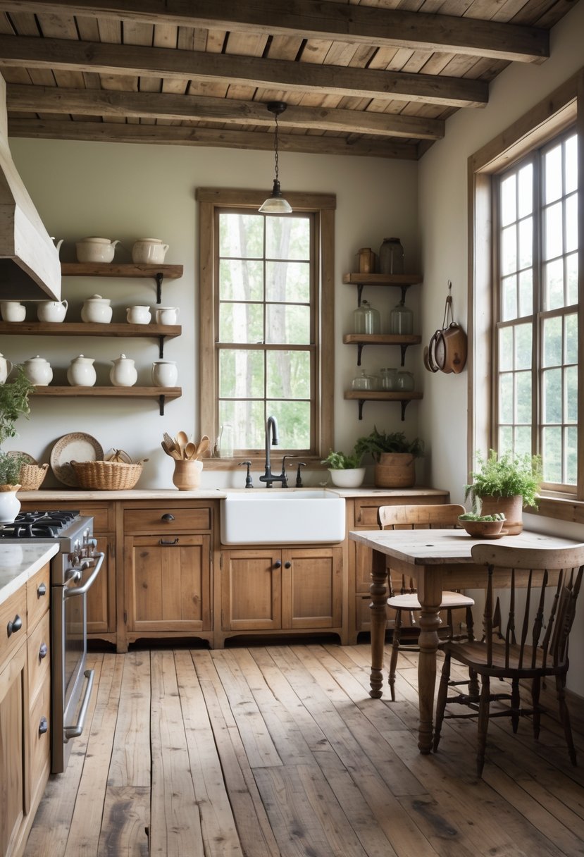 A vintage farmhouse kitchen with distressed wood floors, wooden cabinets, a farmhouse sink, and a wooden dining table under natural light.