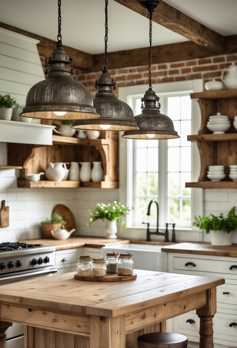 A kitchen with three pendant lights hanging over a wooden island, surrounded by white cabinets and open shelves with dishes and plants.