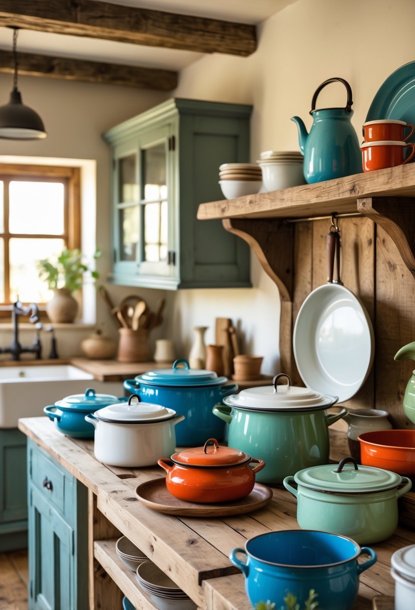 A farmhouse kitchen with wooden shelves displaying colorful vintage enamelware pots, pans, and bowls.