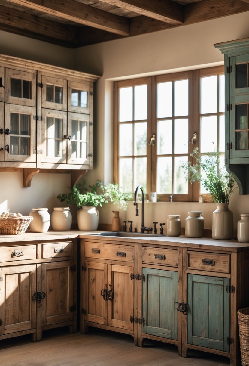 A farmhouse kitchen with several freestanding antique wooden cupboards and rustic kitchen items.