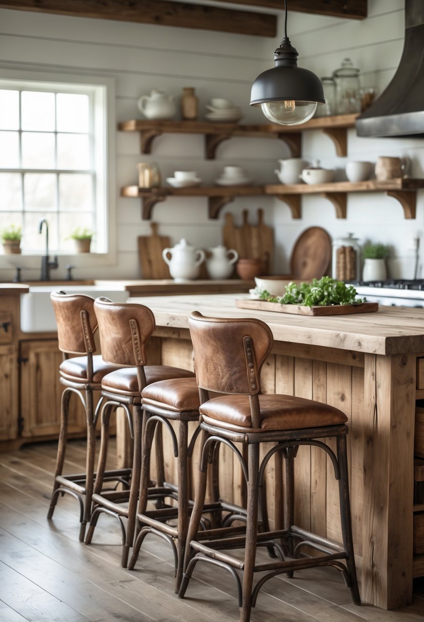 A farmhouse kitchen with worn leather bar stools placed at a wooden kitchen island, surrounded by shelves and natural light.