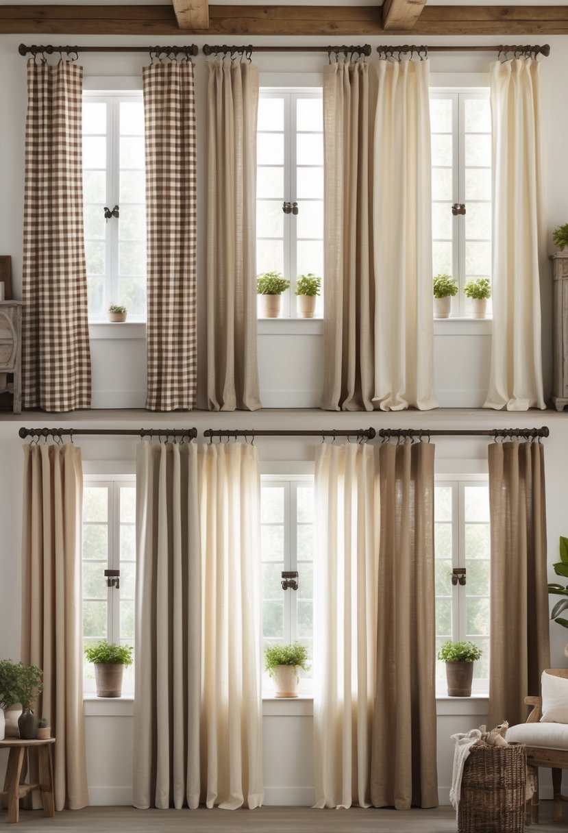 Thirteen different farmhouse-style curtains hanging on windows in a rustic room with wooden beams and natural light.