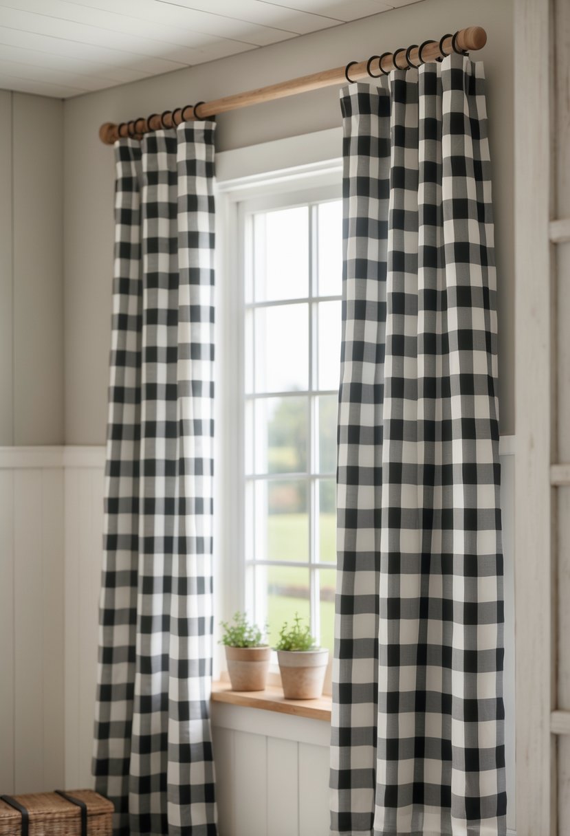 Window with black and white buffalo check curtains hanging on a wooden rod in a cozy room with plants on the windowsill.