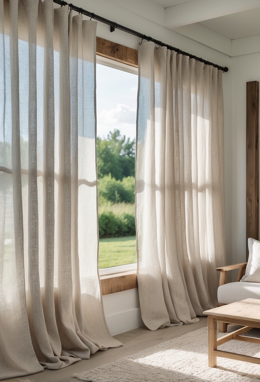 A bright room with a large window covered by multiple linen curtains, sunlight filtering through, and rustic wooden details.