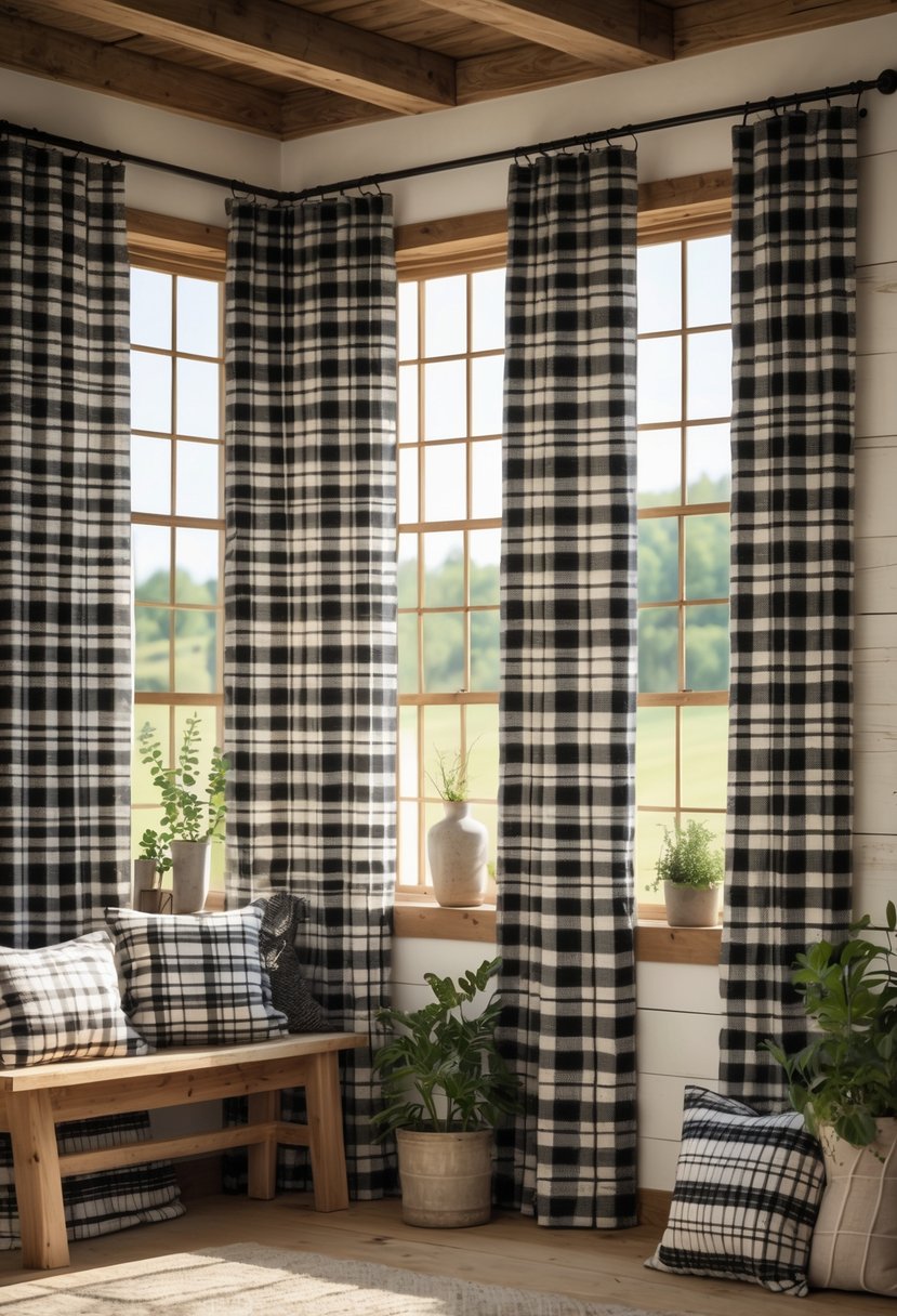 A room with large windows covered by black and white plaid blackout curtains, featuring rustic wooden walls and farmhouse decor.