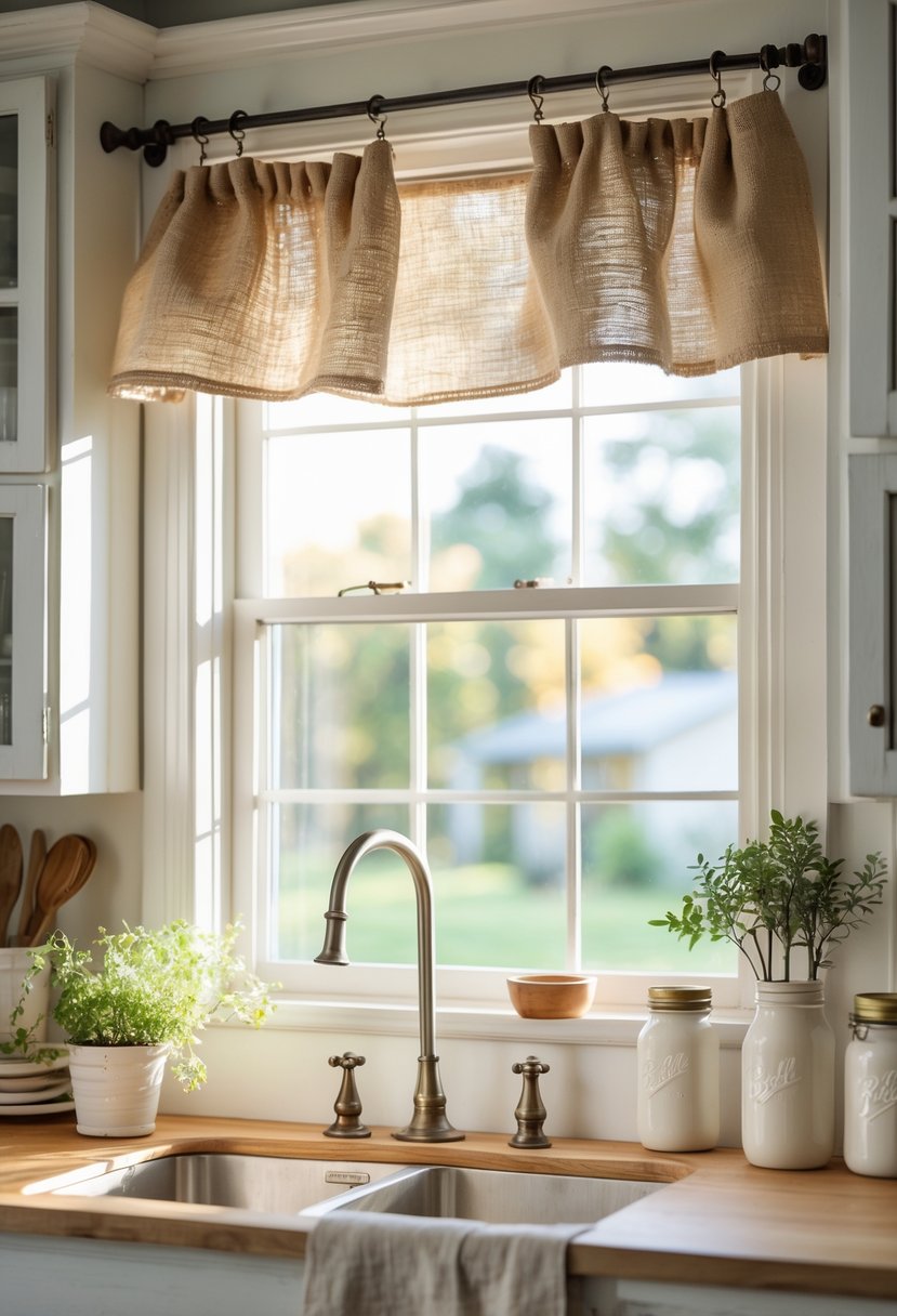 A kitchen window with burlap valances and sunlight streaming through, showing a wooden countertop and kitchen items nearby.