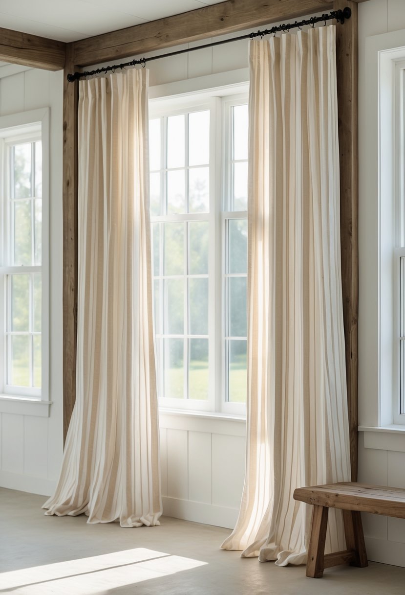A room with large windows covered by light-colored striped curtains, sunlight coming through, and rustic wooden window frames.
