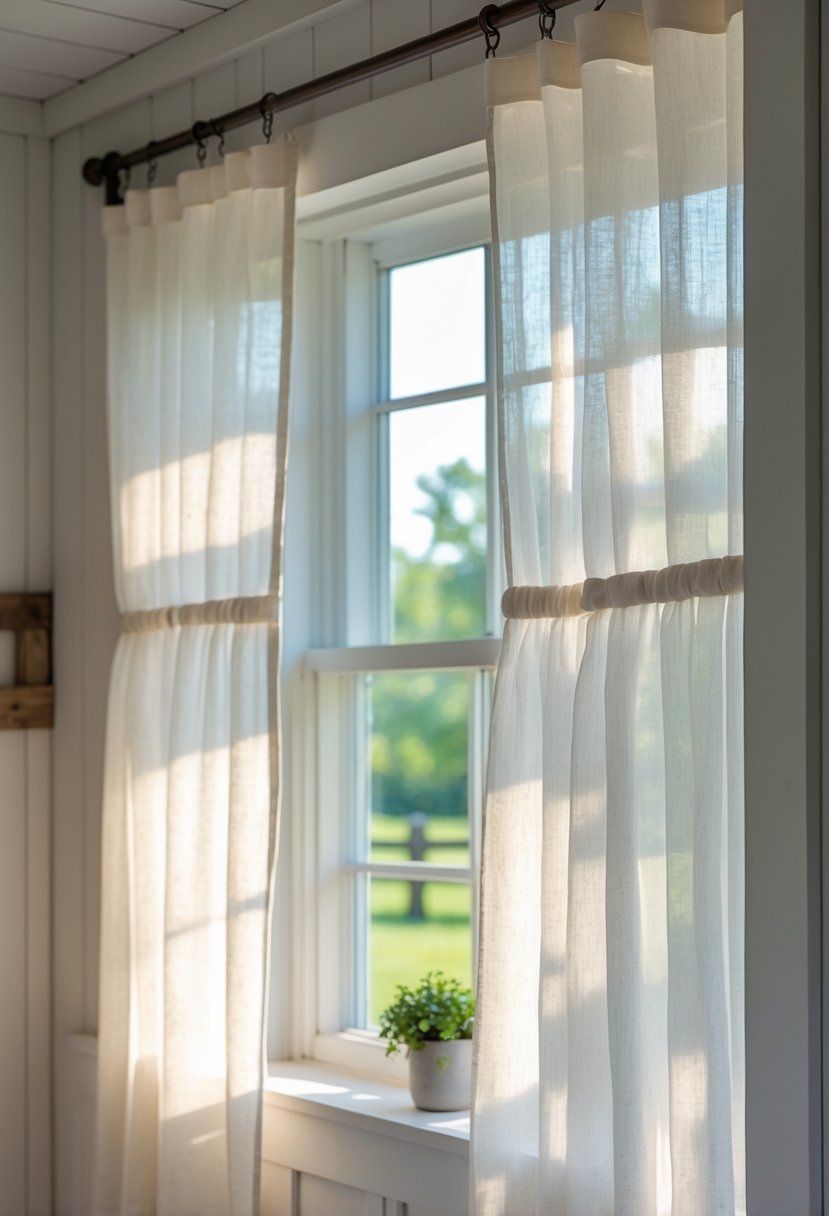 Sunlight streaming through sheer tiered curtains on a farmhouse window with a small plant on the windowsill.