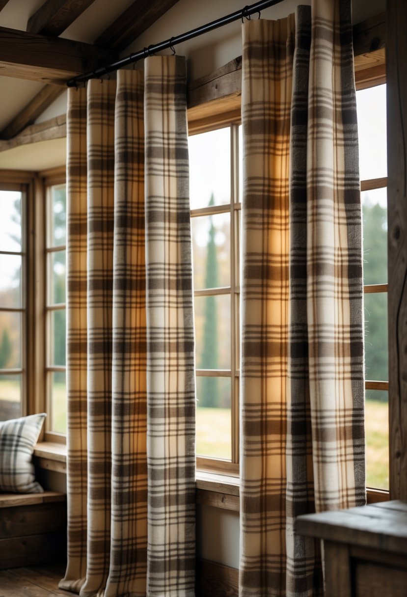 Window with plaid wool thermal curtains hanging in a cozy farmhouse room with wooden accents.
