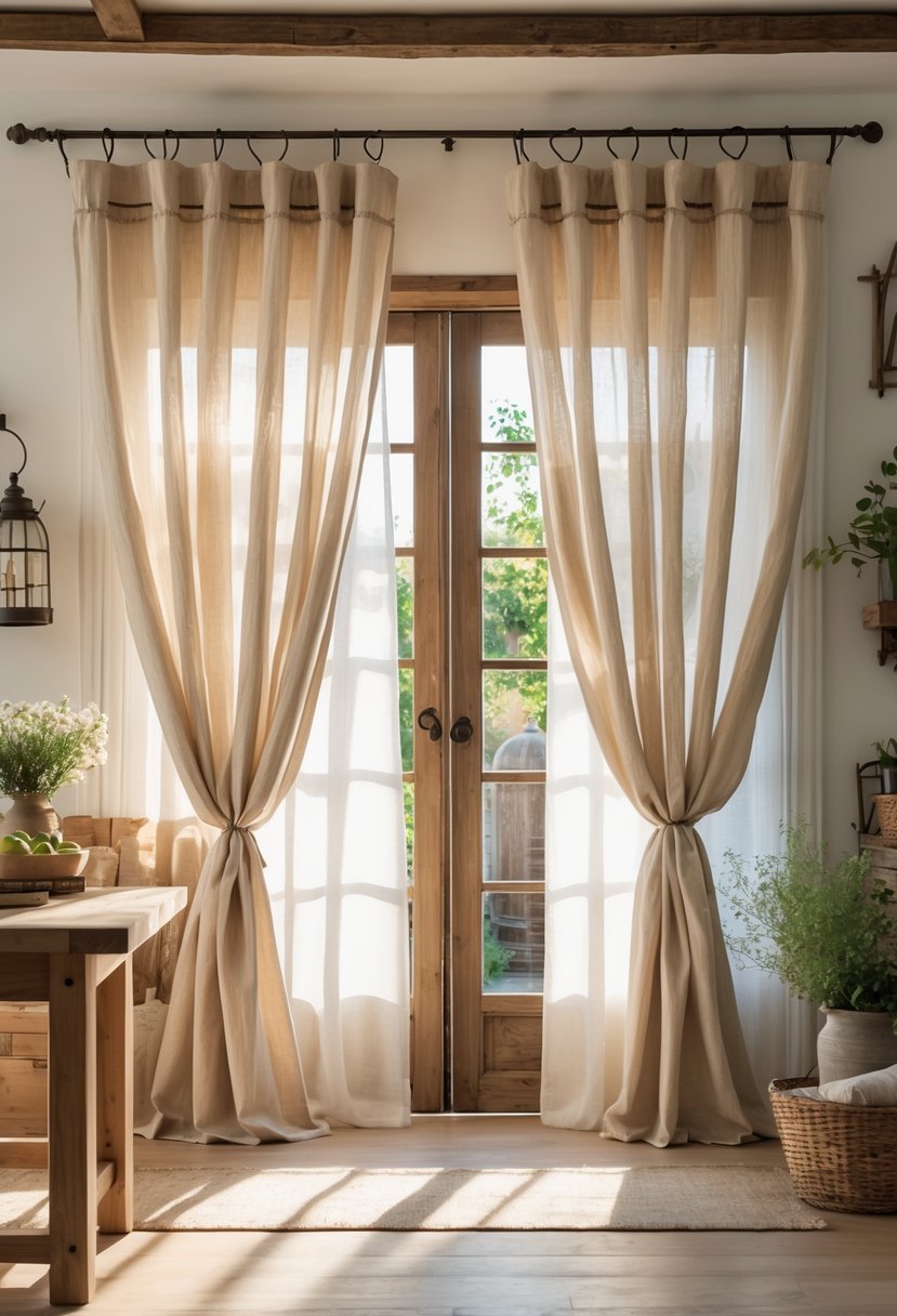 A bright living room with 13 farmhouse-style curtains hanging on wooden windows, sunlight coming through the fabric, and rustic decor around.
